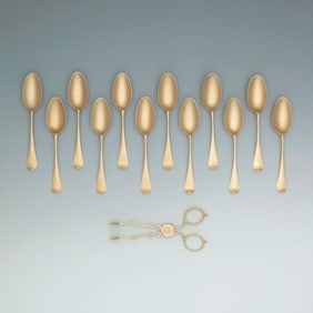 John Wirgman's Rare Set of Twelve George II Gold Teaspoons with Sugar Nips, c. 1740