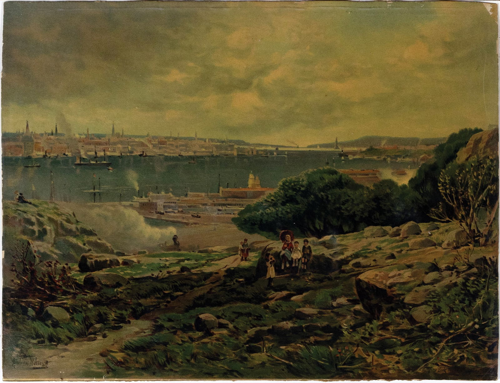 Andrew Melrose Chromolithograph View of New York from Hoboken: MELROSE, Andrew (19th Century). New York from the Heights of [Hoboken]. Chromolithograph. New York: c. 1880. 14 7/8" x 19 3/4" sheet. Landscape of New York City with a vista of lower Manhattan and the