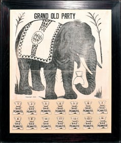 Earliest Depiction of the G.O.P. Mascot Elephant on Fabric - Grand Old Party, Feed the Elephant