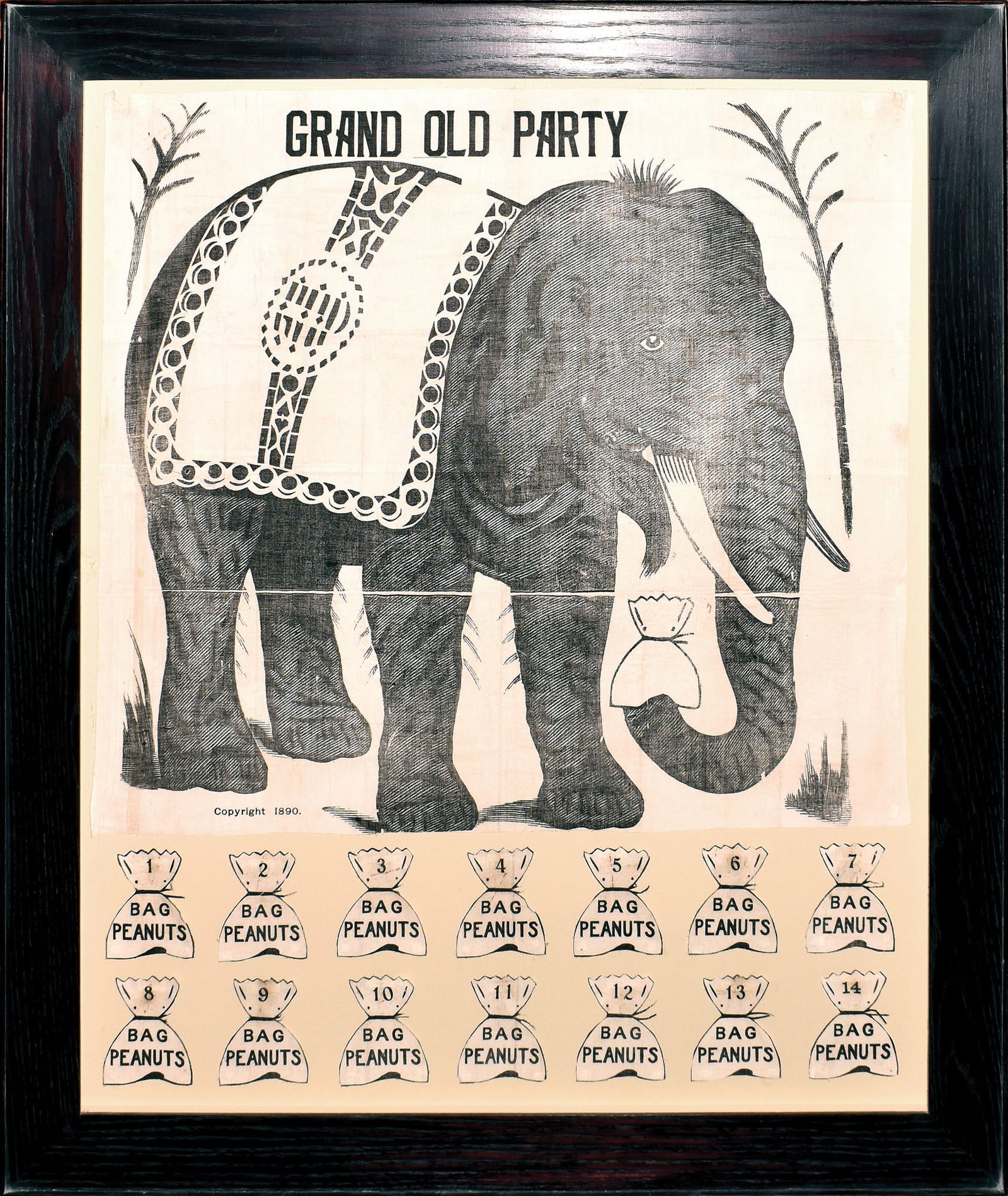 Earliest Depiction of the G.O.P. Mascot Elephant on Fabric - Grand Old Party, Feed the Elephant: [Earliest Depiction of the G.O.P. Mascot Elephant on Fabric!] GRAND OLD PARTY - FEED THE ELEPHANT. Glazed Muslin. 1890. 35 1/2" x 29 1/4" fabric, 42" x 36 1/4" framed. Thomas Nast’s 1874 cartoon "Th