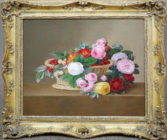 Johan Laurentz Jensen Oil, Still life of Roses in a Basket with Raspberries