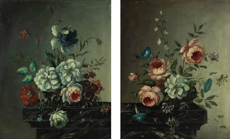 German School Oil, Pair of Still Lifes on Ledges