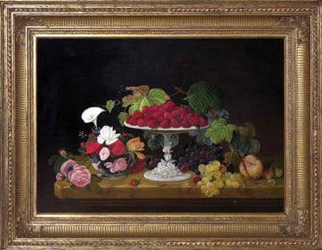 Severin Roesen Oil, Still Life with Strawberries and Flowers