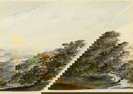 Mexican 19th Century Landscape Watercolor: AMERICAN SCHOOL (19th Century). [Mexico, Trees and Mountains]. Watercolor Landscape on paper in gold frame . 8" x 12 1/4" visible, 15 1/2" x 19" framed.