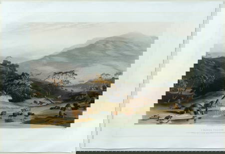 Samuel Daniell Aquatint, A Kaffer Village: DANIELL, Samuel (1775-1811). A Kaffer Village. Aquatint Engraving with original hand color. From African scenery and animals. London, 1804. 18" x 23 3/4" sheet, 27 1/2" x 33 1/2" framed.