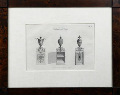 Pedestals and Vases Engraving: [Pedestals and Vases], Plate 35. Engraving. London: I & J. Taylor, No 56 High Helborn, July 2, 1787. 7 1/4" x 10 1/4" visible, 15" x 18" framed.