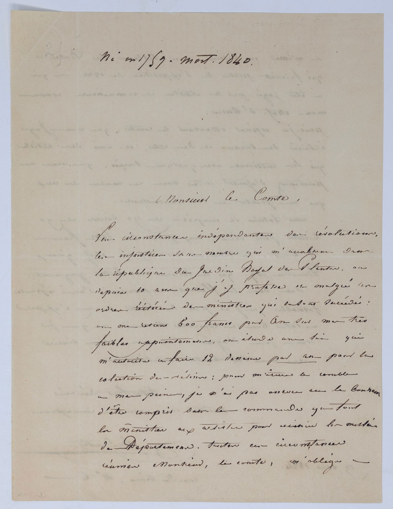 Redoute Autograph letter, 1834 (1 of 2)
