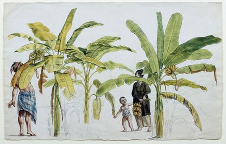 Jan Brandes Original Watercolor of Indonesian Man, Woman, and Child, with Banana Trees, Java