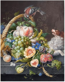 Herman Henstenburgh Original Watercolor of a basket with flowers in a stone niche, with a barking