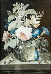 Pair of Barbara Regina Dietzsch Original Watercolors of Glass Vases of Flowers on Ledges