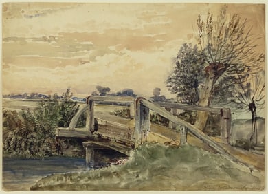 English School Watercolor of a Wooden Bridge near Windsor, 1836 - formerly attributed to J. M. W.