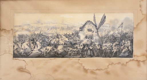 Maissiat de Ploennis Original Drawing of Battle of Dreux 1562 with a Windmill