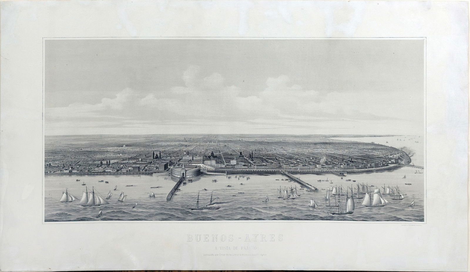 Kahler Lithograph of Buenos-Ayres [Argentina]: KAHLER, F. W. (19th century). Buenos-Ayres [Argentina] / A Vista De Pajaro. Lithograph. Hamburg, 1898. 26 3/4" x 44 1/2" sheet. Large decorative panoramic view of the city, based upon and earlier Fren