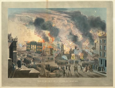 Bennett / Calyo aquatint engraving of the Great Fire of New York 1835 from the top of Bank of