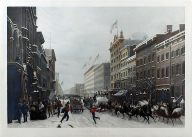 Sebron Engraving of New York in Winter showing Broadway between Prince and Spring Streets