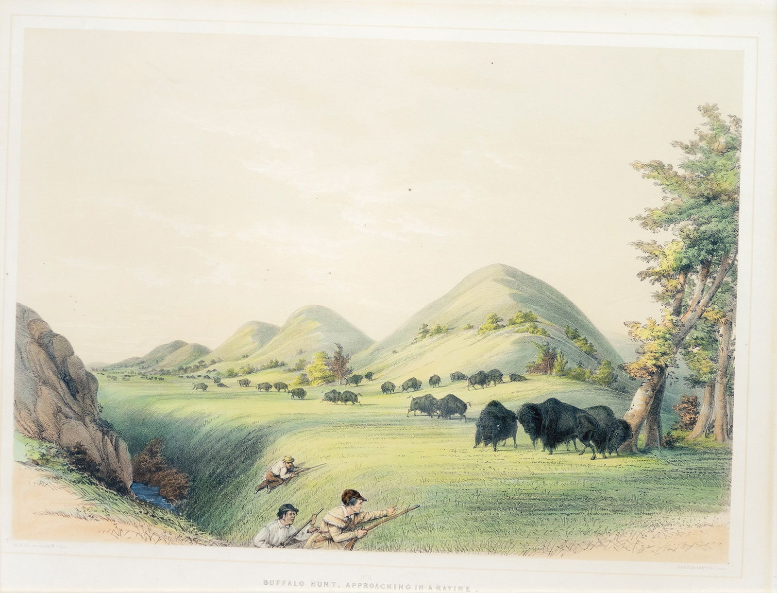 George Catlin Lithograph from his North American Indian Portfolio, Buffalo Hunt: CATLIN, George (1796-1872). Buffalo Hunt, Approaching in a Ravine. Lithograph with original hand color. From The North American Indian Portfolio. London, 1844-1848. 15" x 19 1/2" visible, 23 1/2" x 28