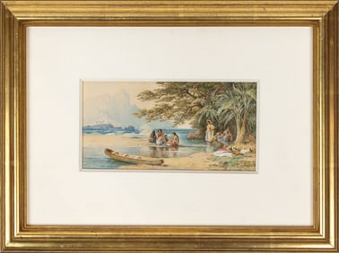 Chevalier Watercolor of Natives on the Shore of a South Sea Island