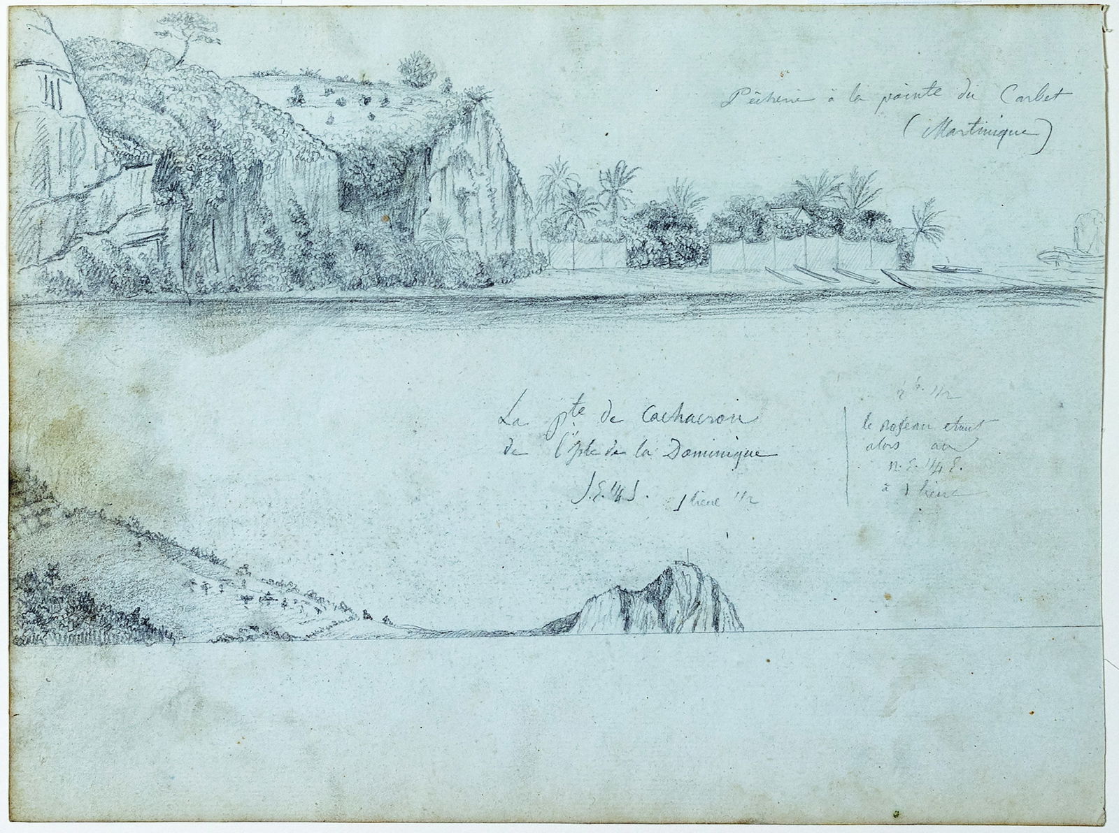 Freminville Pencil Drawing of Martinique: FREMINVILLE, Christophe-Paulin de La Poix (1787-1848). [Martinique]. Pencil on paper, double-sided image. 10" x 13" sheet.