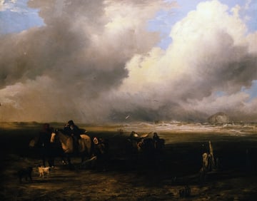 Rare Early Frederick Richard Lee Oil Painting An Estuary scene with figures and a storm approaching