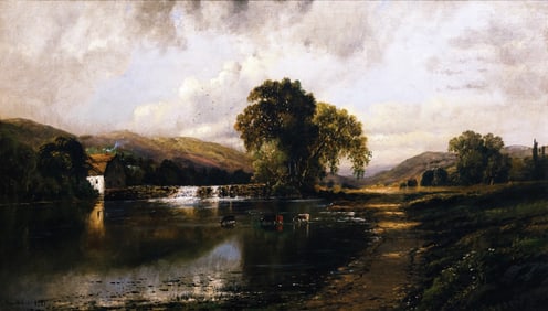 Edmund Lewis Oil Painting of a Mill on a River