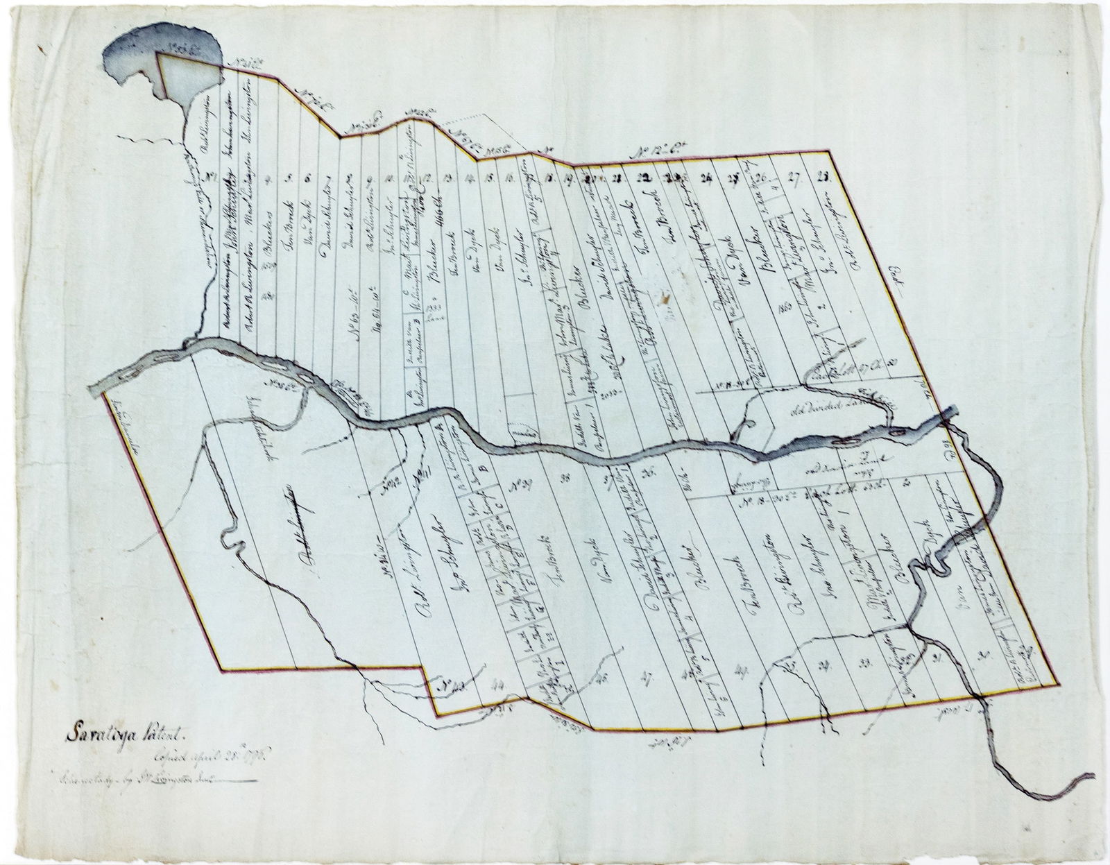 A rare manuscript copy from 1796 of the Saratoga Patent map: [Saratoga Land Grant, New York State]. LIVINGSTON, Mr Jnr (Surveyor?). Saratoga Patent. Manuscript map hand colored in outline. Schenectady: Copied April 28th, 1796. 17 3/8" x 20 5/8" sheet. A rare ma