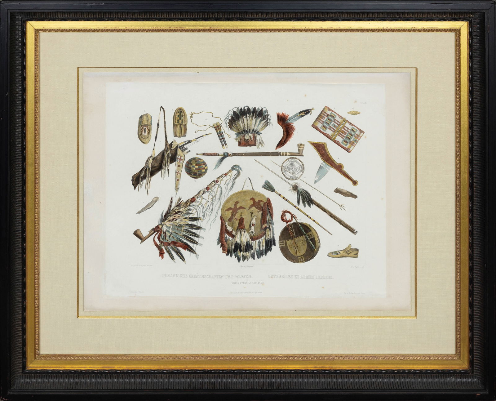 Property of a Long Island Collector - Bodmer, Indian Utensils and Arms, Tab. 48: Property of a Long Island Collector BODMER, Karl (1809-1893). Indian Utensils and Arms, Tab. 48. Aquatint engraving with original hand color. from "Travels in the Interior of North America. Paris, Lon