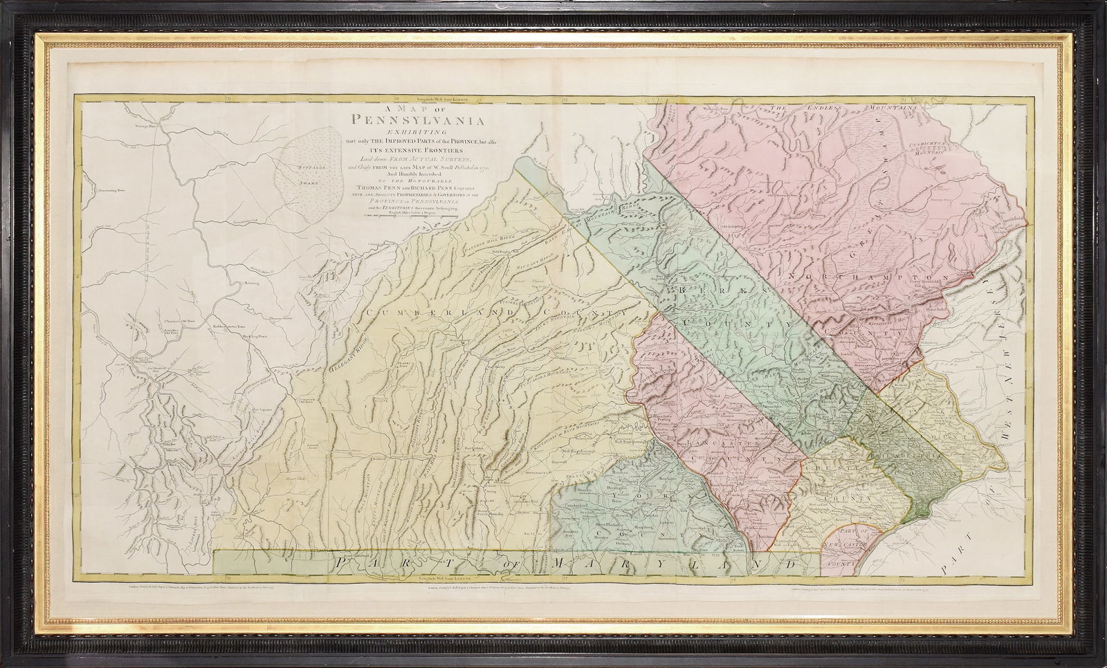 Scull's Map of Pennsylvania - Hung in Independence Hall at the behest of Ben Franklin: SCULL, William (1739-1784). A Map of Pennsylvania Exhibiting Not Only the Improved Parts of that Province, But Also Its Extensive Frontiers... Engraved map with original hand color. London: Sayer & Be