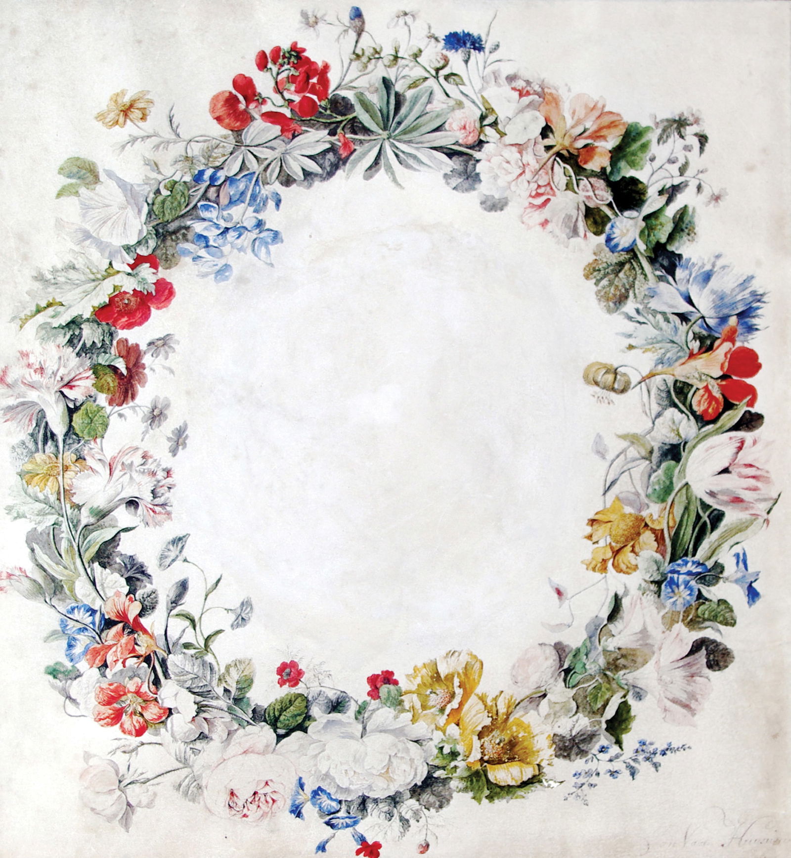 Jan Van Huysum Original Watercolor of a Wreath of Flowers - The best-loved and most accomplished: VAN HUYSUM, Jan (Dutch, 1682-1749). A Wreath of Flowers. Watercolor over traces of black chalk on vellum. Signed in pen and grey ink lower right: "Jan Van Huysum". ca. 1730. 10" x 11 1/4" sheet, 18 1/