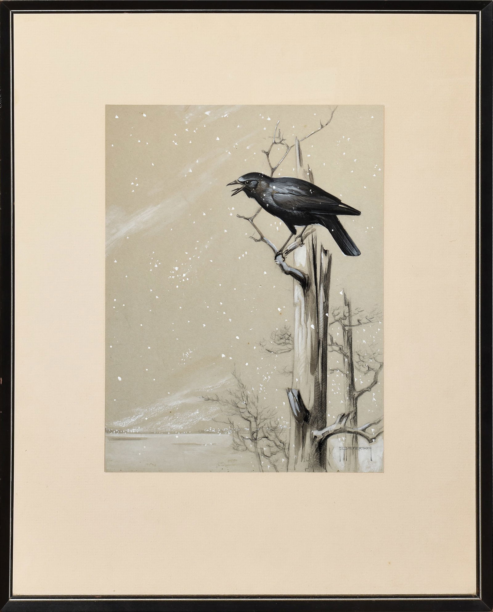 Roger Tory Peterson Original Watercolor of a Crow in Wintertime - Includes letter with signature (1 of 3)