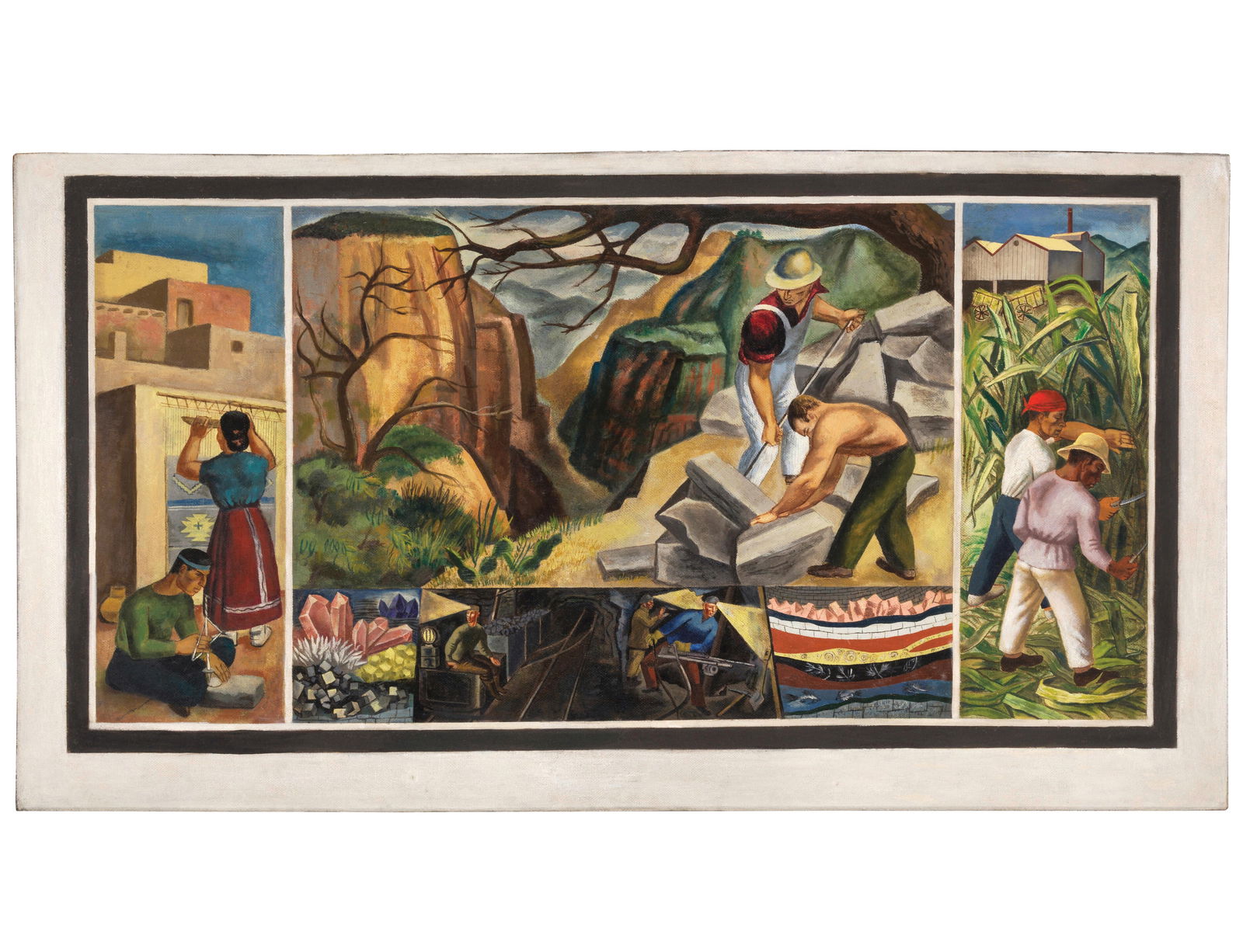 Ernest Fiene Oil on Masonite of a South American Labor Mural: FIENE, Ernest (American, 1894-1965). South American Labor (A Mural Study). Oil on Masonite. Painted circa 1935-37. 30 1/2" x 55 1/4" panel; 31" x 56" framed. Provenance: Estate of the artist; Sale, Te