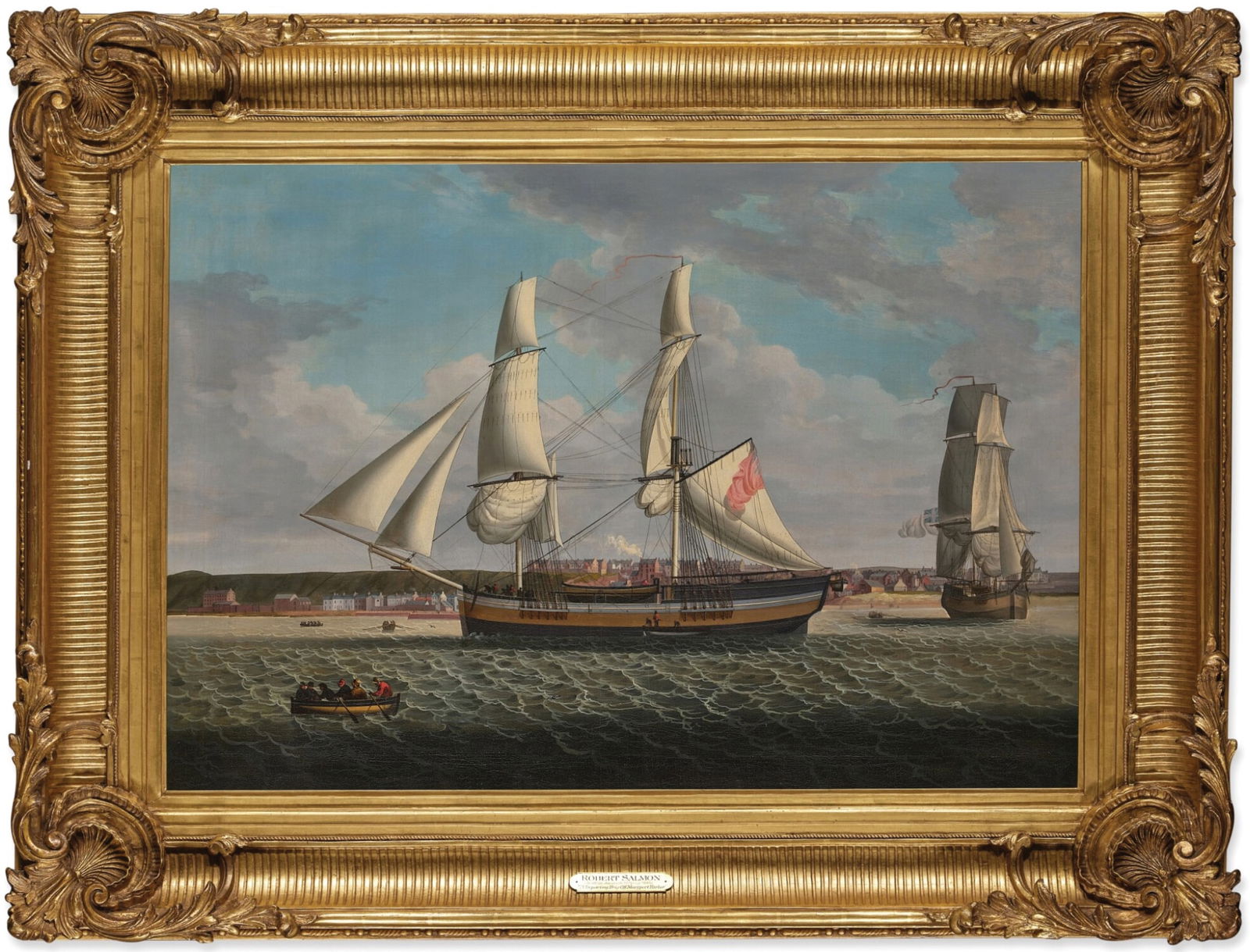 Robert Salmon Oil on Canvas of A Departing Brig Off Maryport Harbor (1 of 1)