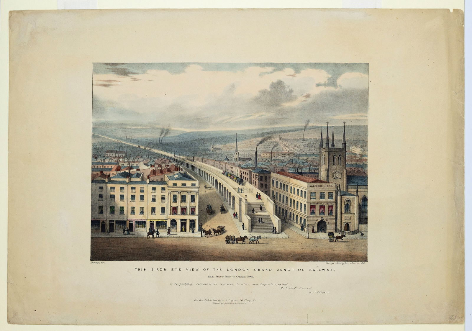 Remington's Birds Eye View of the London Grand Junction Railway: (LONDON) REMINGTON, George Jr. (19th Century). This Birds Eye View of the London Grand Junction Railway. Lithograph with original hand color. London: G. S. Traegar, c. 1846. 15 1/4" x 22" sheet. Showi