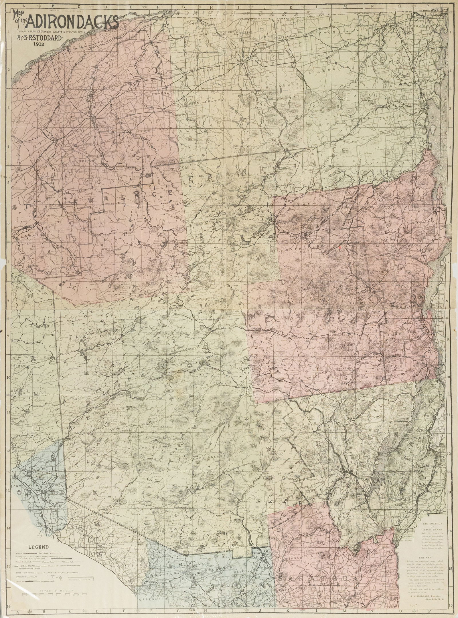 Stoddard's Lithographed Map of the Adirondacks: (NEW YORK) STODDARD, S. R. (1844-1917). Map of the Adirondacks. Lithographed map with original hand color. New York, Glenn Falls - 1912. 35" x 25 3/4" sheet.