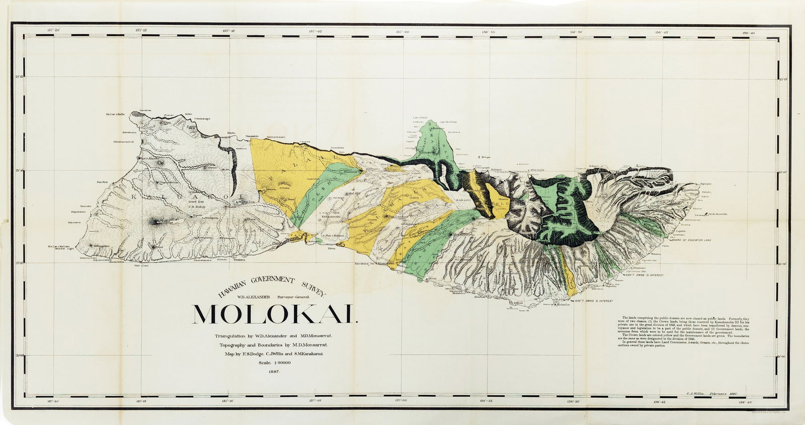 Alexander's Lithographed Hawaiian Government Survey of Molokai, 1897: (HAWAII) ALEXANDER, W. D. (19th Century). Hawaiian Government Survey. Molokai, 1897. Lithograph with original hand color. 18 3/4" x 35" sheet.