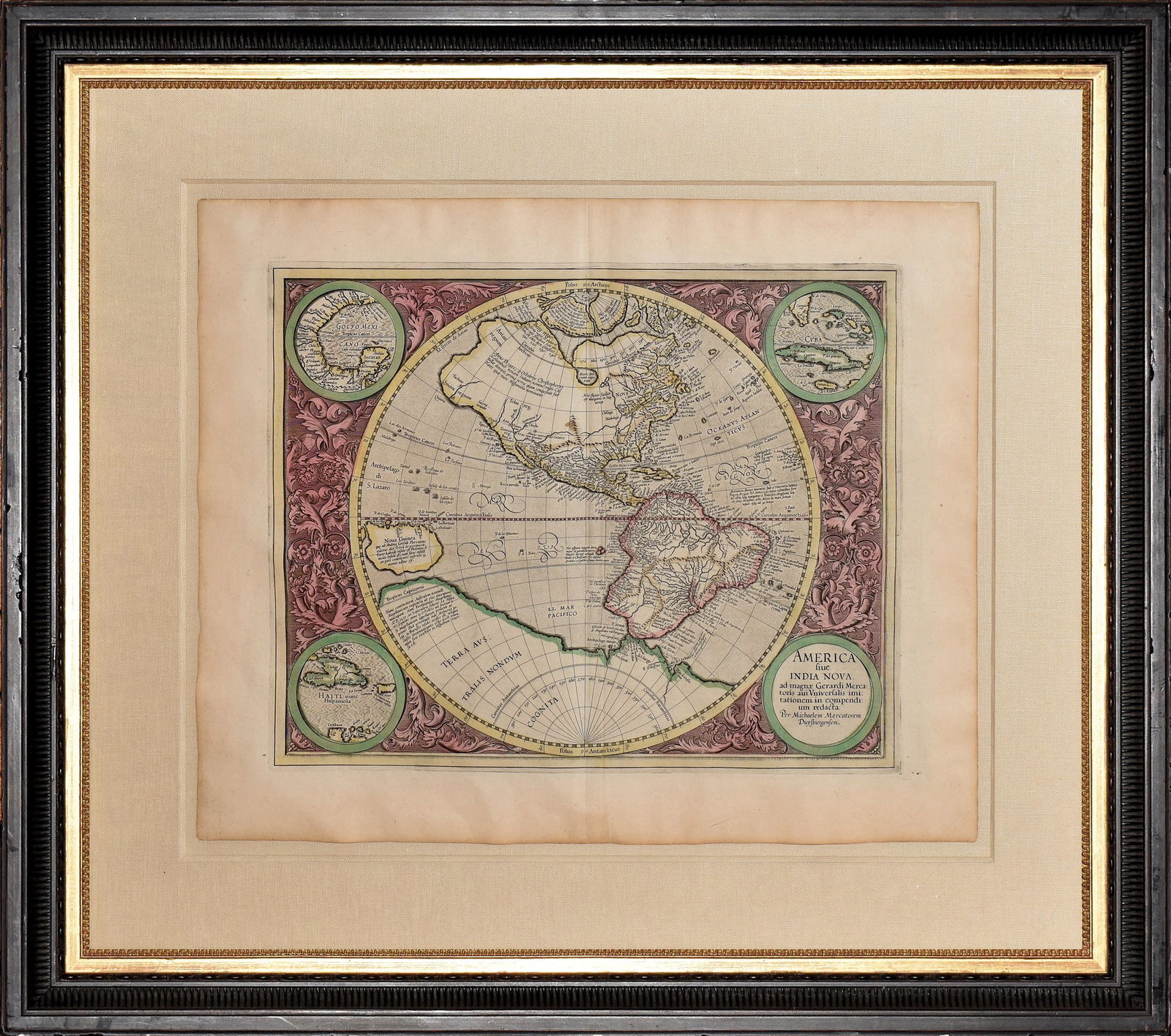 Mercator’s Striking Map of the Americas - America Siue India Nova with original hand color: (AMERICAS) MERCATOR, Michael (ca. 1567-1600), after Gerhard Mercator (1512-1594). America Siue India Nova… Engraving with original hand color. Duisburg, 1595, [ca. 1630’s], on verso French text,