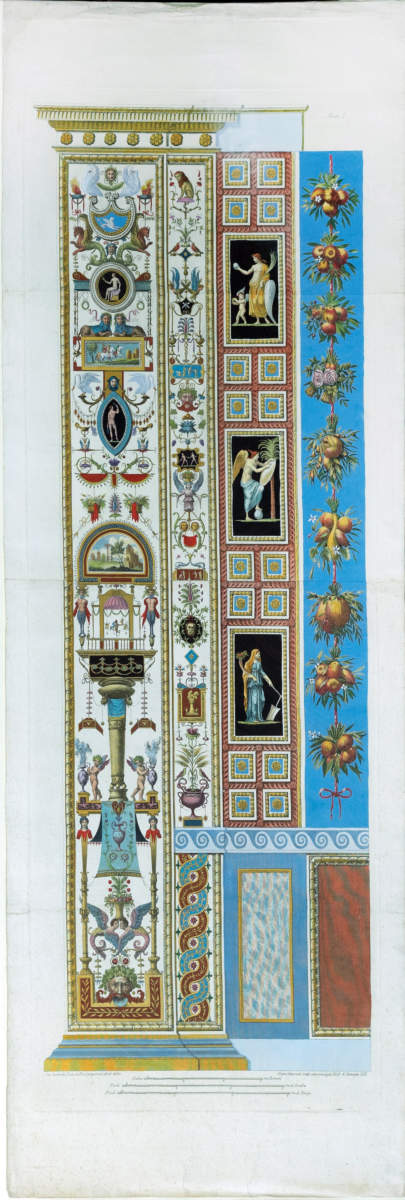 Rafael's Famous Vatican Pilasters - Num I: (ARCHITECTURAL) After Raffaello Sanzio d'Urbino, better known as "Raphael" (1483 - 1520). Num I. Engraving with original hand color. Rome: 1772 - 1777, copied From the Loggia di Rafaele Nel Vaticano