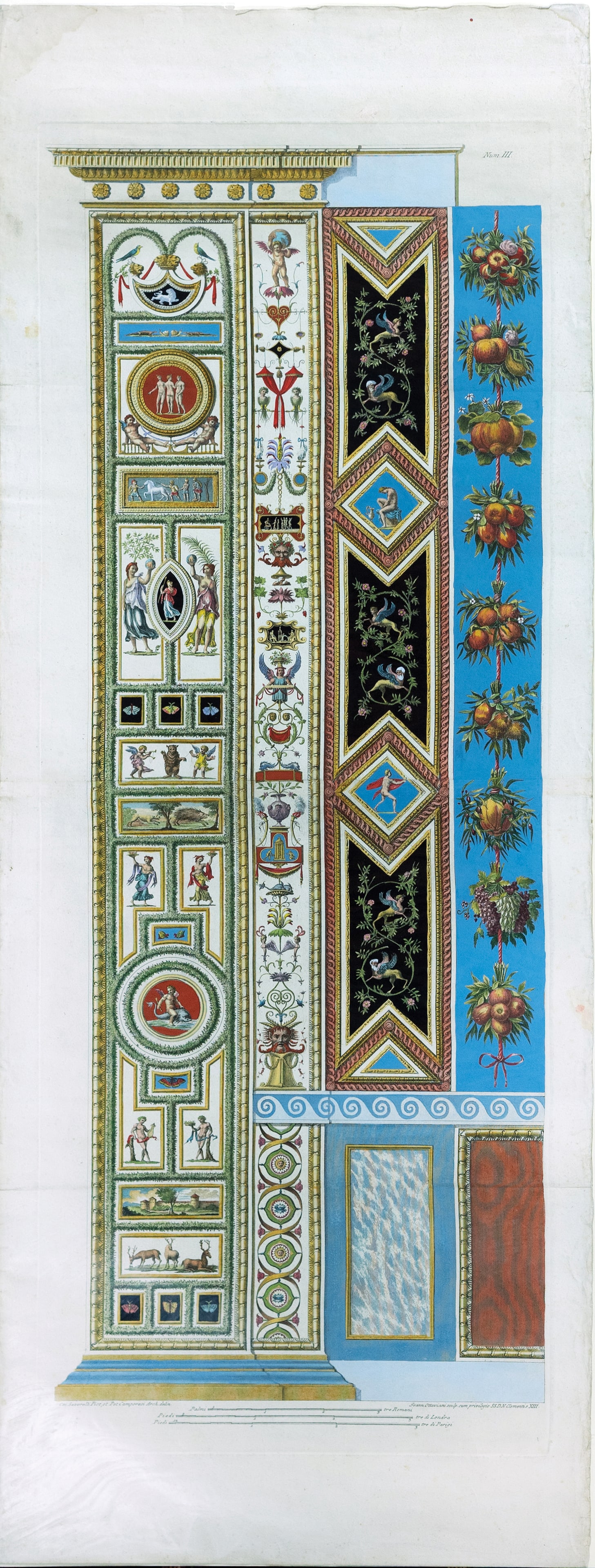 Rafael's Famous Vatican Pilasters - Num III: (ARCHITECTURAL) After Raffaello Sanzio d'Urbino, better known as "Raphael" (1483 - 1520). Num III. Engraving with original hand color. Rome: 1772 - 1777, copied From the Loggia di Rafaele Nel