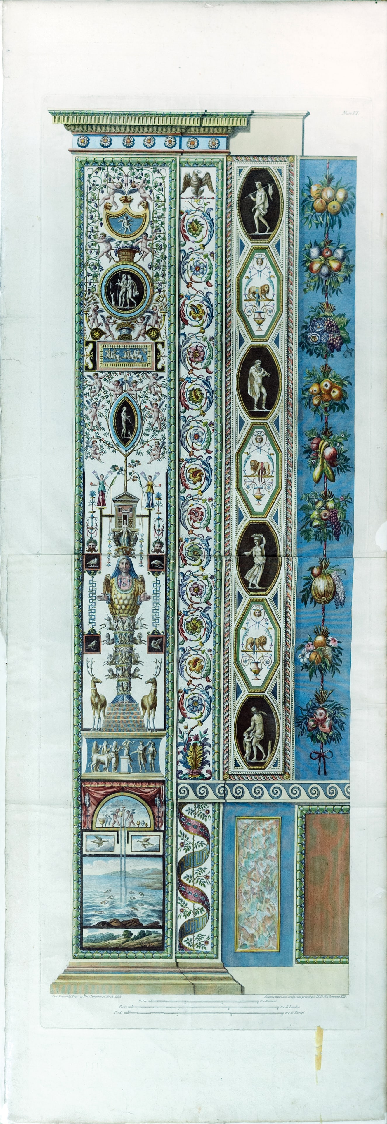 Rafael's Famous Vatican Pilasters - Num VI: (ARCHITECTURAL) After Raffaello Sanzio d'Urbino, better known as "Raphael" (1483 - 1520). Num VI. Engraving with original hand color. Rome: 1772 - 1777, copied From the Loggia di Rafaele Nel Vaticano