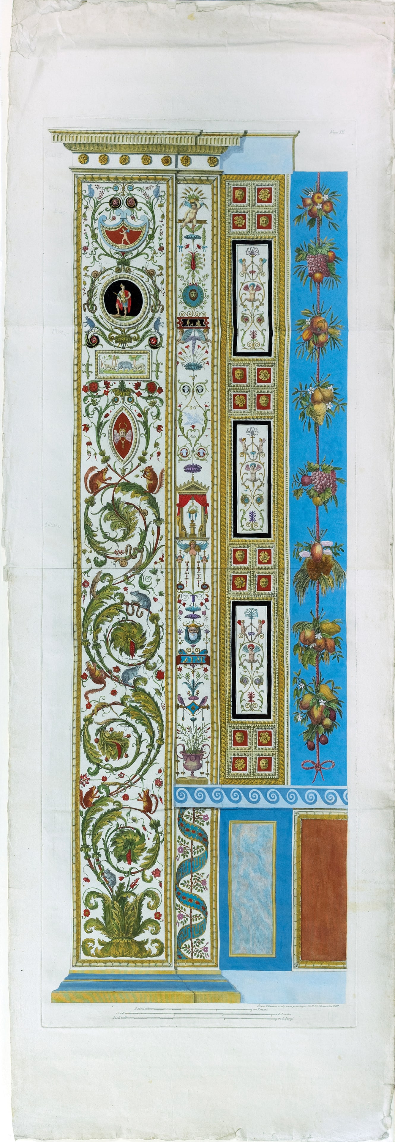 Rafael's Famous Vatican Pilasters - Num IX: (ARCHITECTURAL) After Raffaello Sanzio d'Urbino, better known as "Raphael" (1483 - 1520). Num IX. Engraving with original hand color. Rome: 1772 - 1777, copied From the Loggia di Rafaele Nel