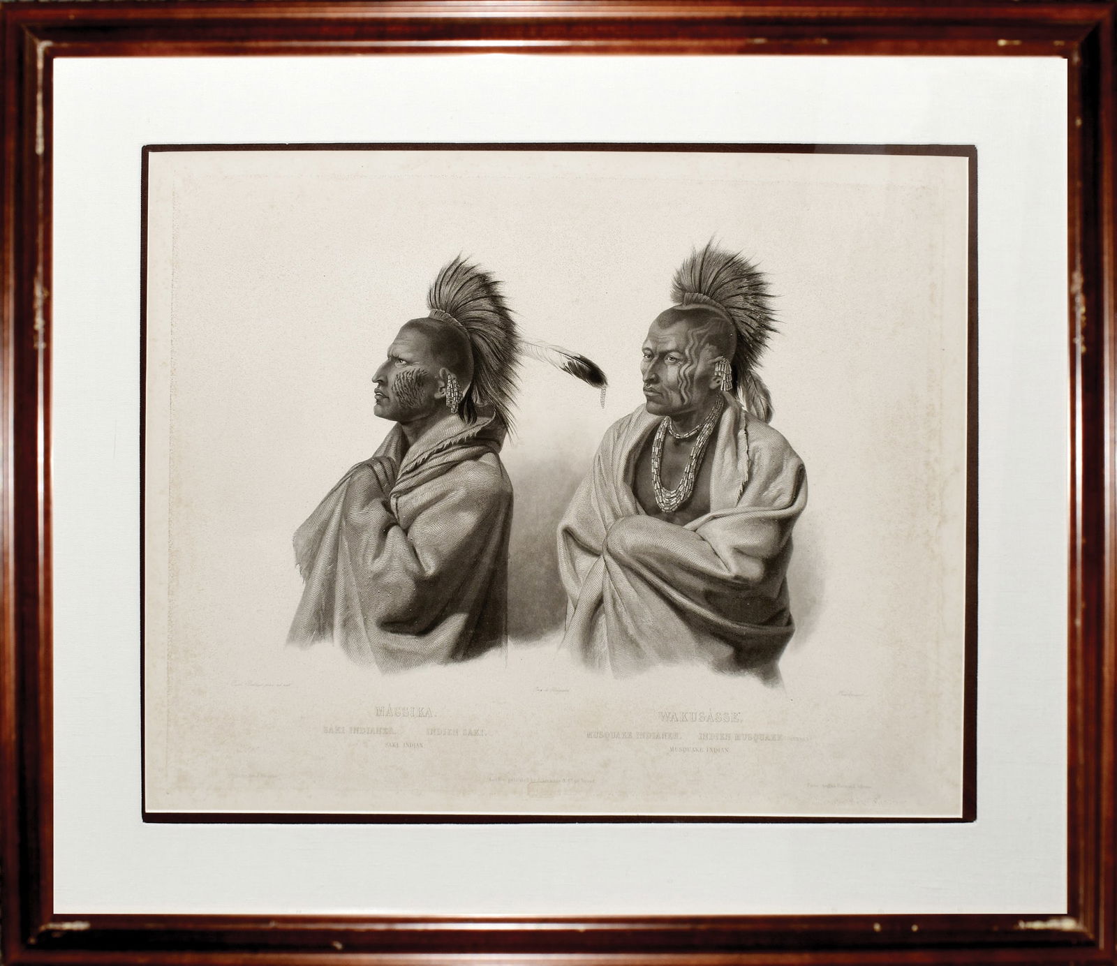 Property of a Nebraska Lady - Bodmer, Massika, Saki Indian / Wakusasse, Musquake Indian, Tab., 3: Property of a Nebraska Lady. BODMER, Karl (1809-1893). Massika, Saki Indian / Wakusasse, Musquake Indian, Tab., 3. Aquatint engraving. From "Travels in the Interior of North America". J. Holscher, Cob
