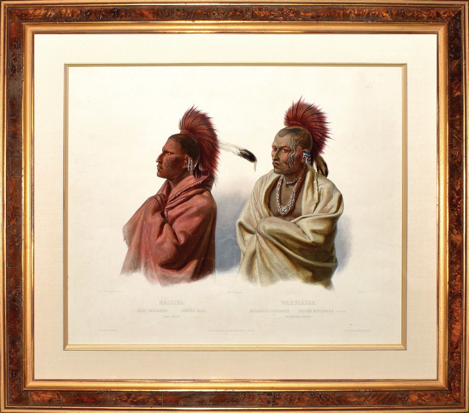 Property of a Nebraska Lady - Bodmer, Massika, Saki Indian / Wakusasse, Musquake Indian, Tab., 3: Property of a Nebraska Lady. BODMER, Karl (1809-1893). Massika, Saki Indian / Wakusasse, Musquake Indian, Tab., 3. Aquatint engraving with original hand color. From "Travels in the Interior of