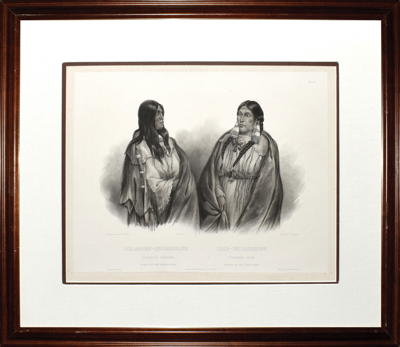 Property of a Nebraska Lady - Bodmer, Woman of the Snake Tribe / Woman of the Cree Tribe. Tab 33: Property of a Nebraska Lady. BODMER, Karl (1809-1893). Woman of the Snake Tribe / Woman of the Cree Tribe. Tab 33. Aquatint engraving with original hand color. From "Travels in the Interior of North A