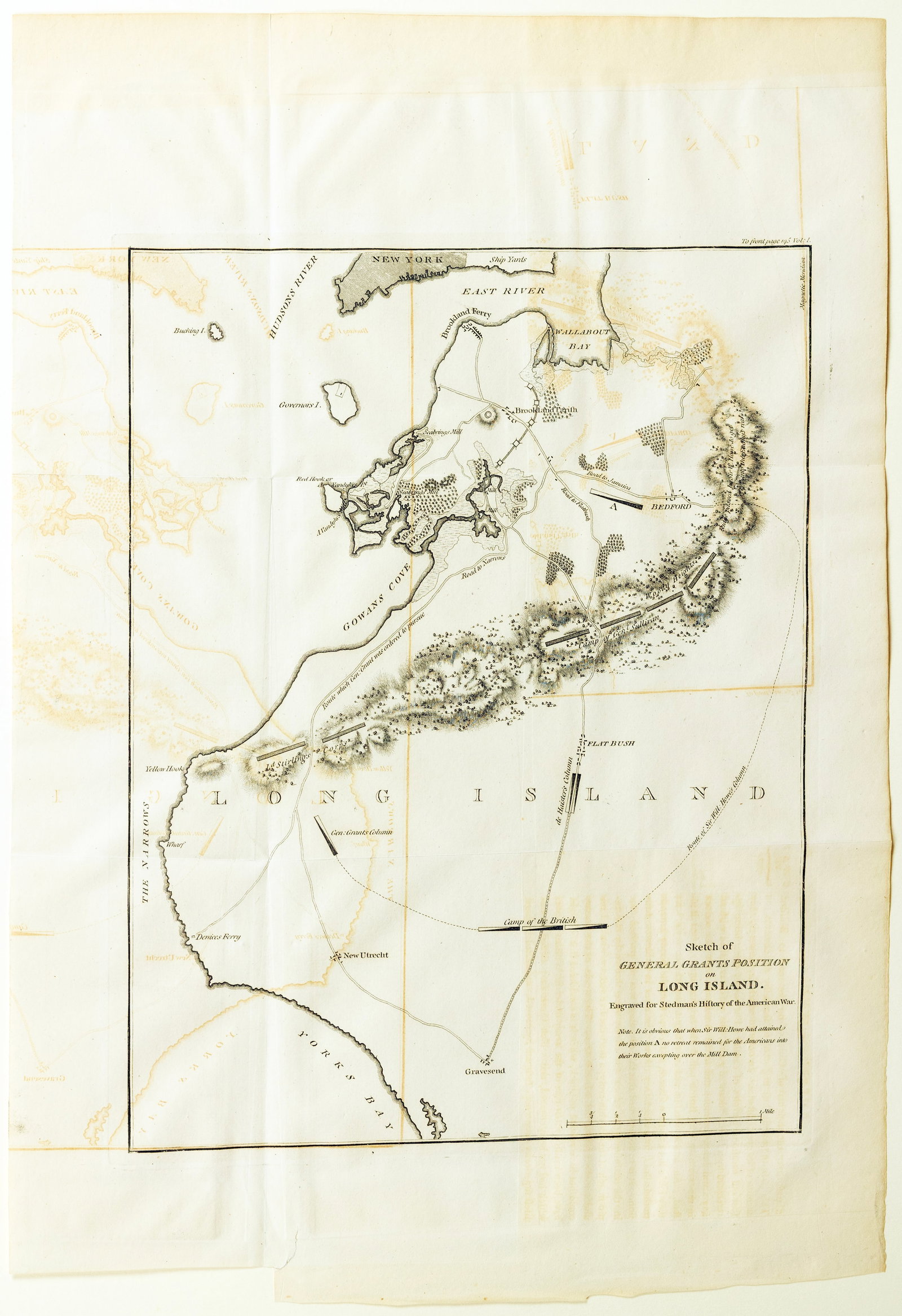Stedman's Sketch of General Grants Position on Long Island - Revolutionary War Map: STEDMAN, Charles (British, 1753-1812). Sketch of General Grants Position on Long Island. Engraved map from Stedman's History of the American War. London: Stedman, 1794. 19 3/4" x 13 1/4" sheet.