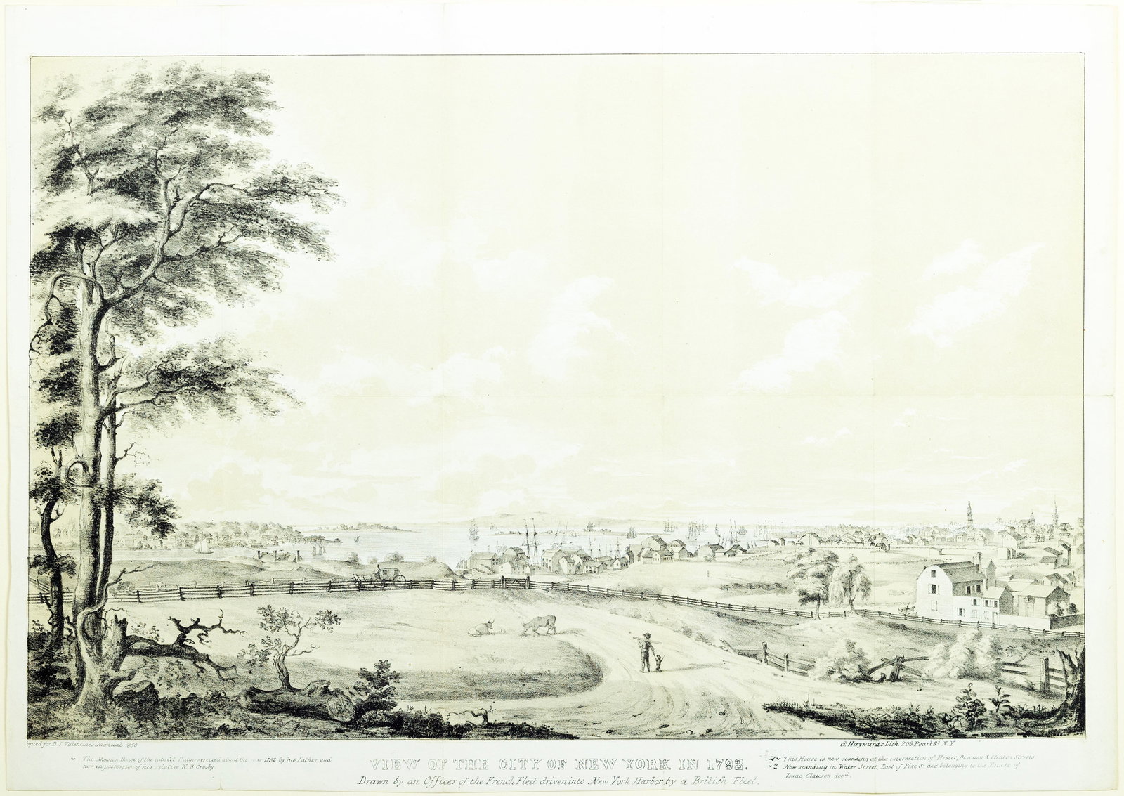 Valentine's Tinted Lithograph of New York in 1792: View of the City of New York in 1792. Drawn by an Officer of the French Fleet driven into New York Harbor by a British Fleet. Tinted Lithograph. New York: D. T. Valentine, 1850. 13 1/2" x 19" sheet. 1