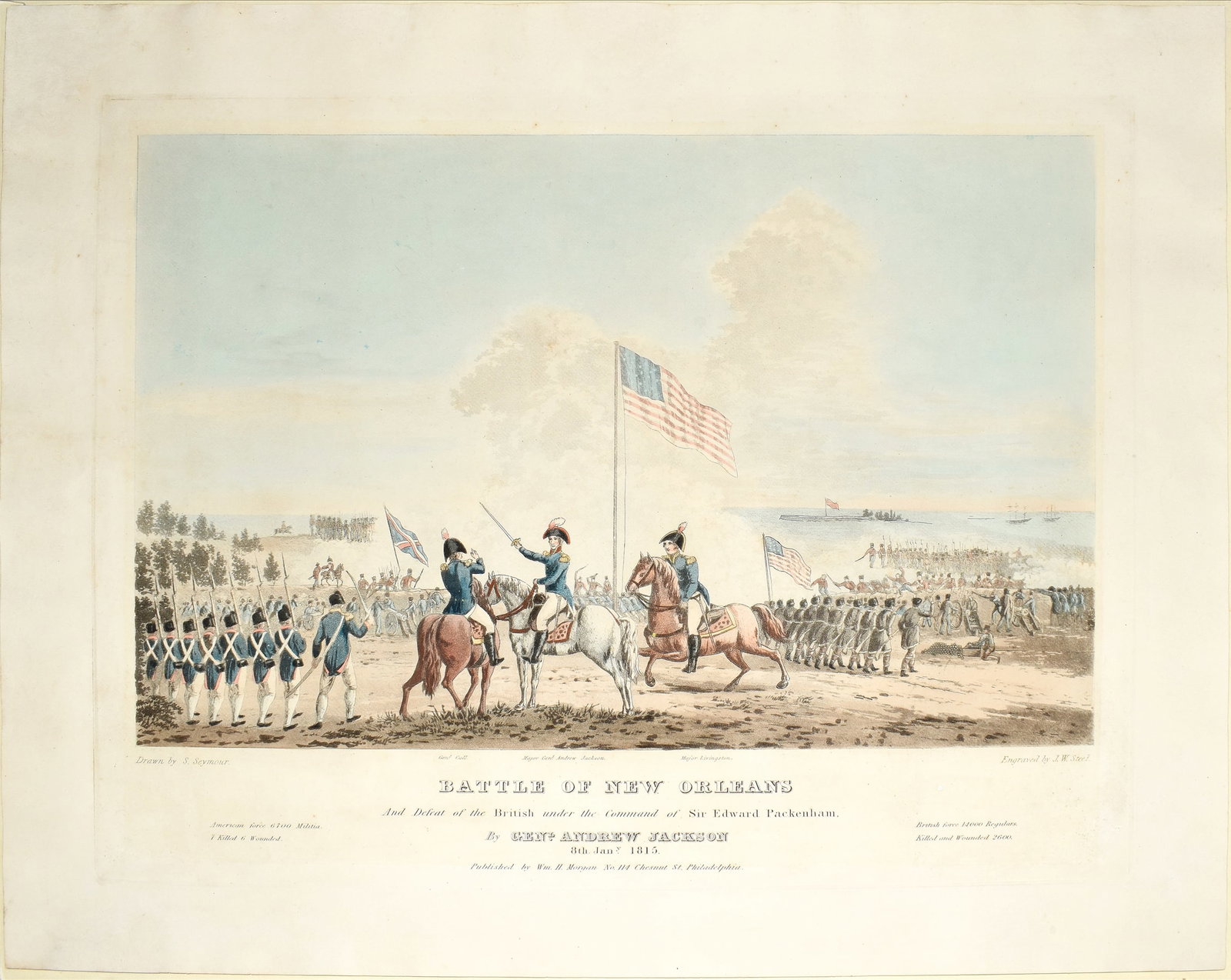 Samuel Seymour's Aquatint of the Battle of New Orleans and Defeat of the British under the Command: SEYMOUR, Samuel (1797-1822). Battle of New Orleans and Defeat of the British under the Command of Sir Edward Packenham. by Genl. Andrew Jackson, 8th Jany. 1815. Aquatint engraving. Engraved by James W