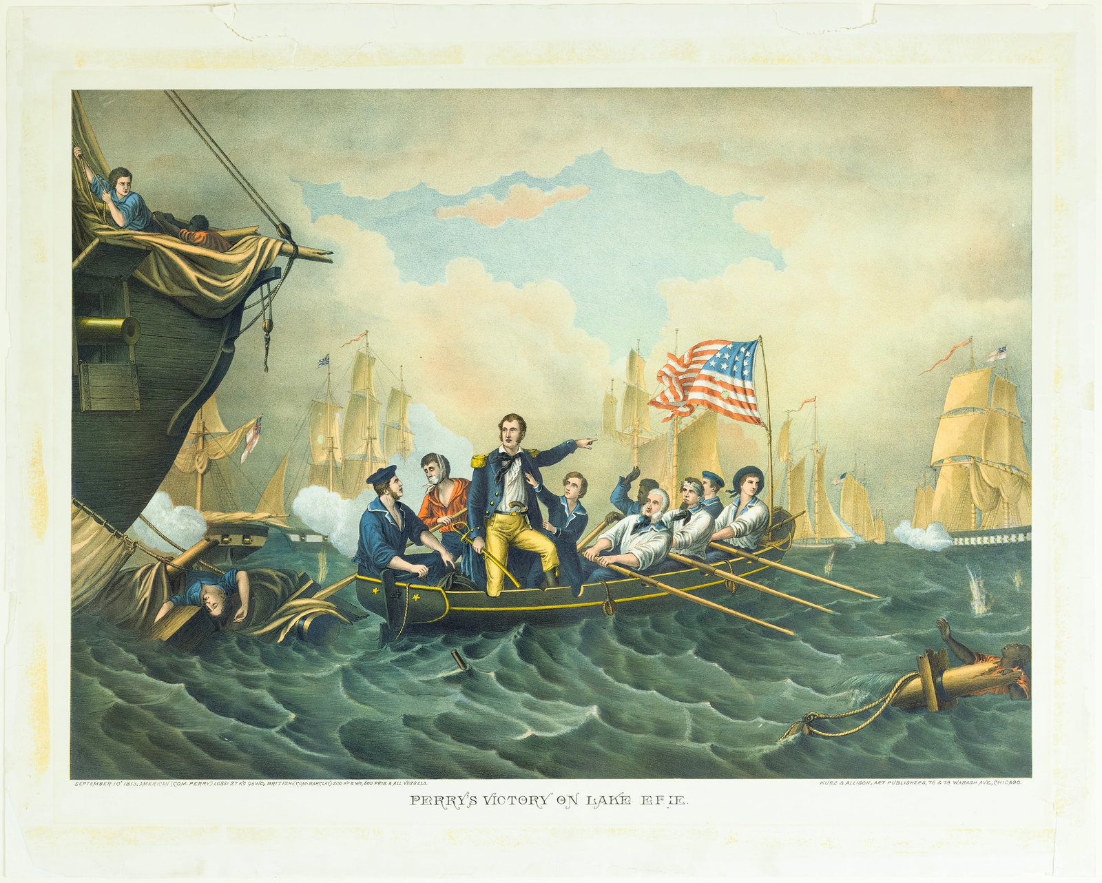 Kurz & Allison Lithograph of Perry's Victory on Lake Erie: KURZ & ALLISON (19th Century). Perry's Victory on Lake Erie. Lithograph with original hand color. Chicago: Kurz & Allison, ca. 1890. 22" x 28" sheet. Text lower left: "September 10' 1813. American (Co