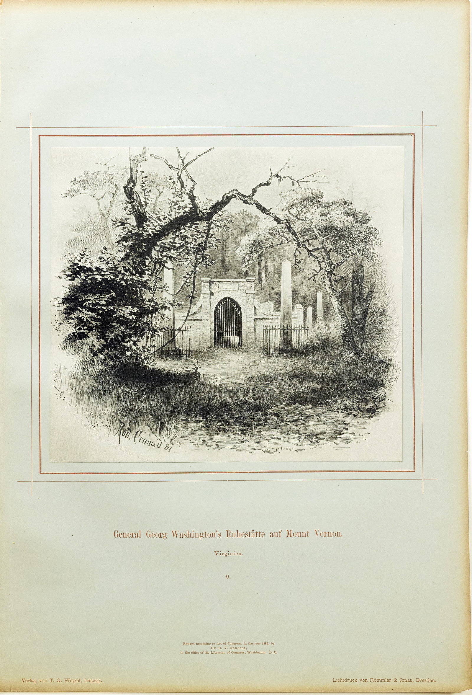 Rudolf Cronau's Collotype of General George Washington's Mount Vernon Estate: CRONAU, Rudolf (1855-1939). General Georg Washington's Ruhestatte auf Mount Vernon. Virginien, Plate 9. Collotype mounted on grey board with printed frame, title and publishing information. From: Von
