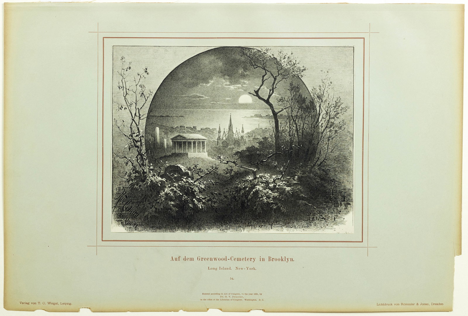 Rudolf Cronau's Collotype of Greenwood-Cemetery in Brooklyn, Long Island - New-York: CRONAU, Rudolf (1855-1939). Auf dem Greenwood-Cemetery in Brooklyn. Long Island. New-York, Plate 14. Collotype mounted on grey board with printed frame, title and publishing information. From: Von Wun