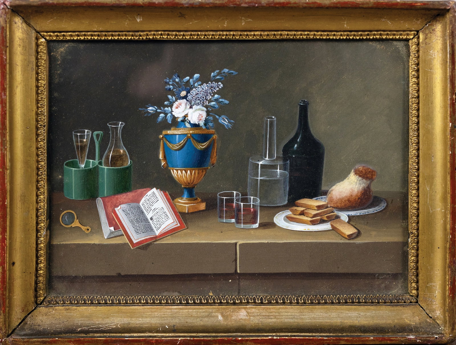 Feyerabend Dit LeLong Watercolor Still-Life - Blue Urn with Roses, Musical instruments, Coral and: FEYERABEND DIT LELONG, Johann Rudolf (French, 1779-1814). Still Life [Blue Urn with Roses, Musical instruments, Coral and water glass]. Watercolor on paper. 5 1/4" x 7 1/4" visible, 8" x 10" framed. P