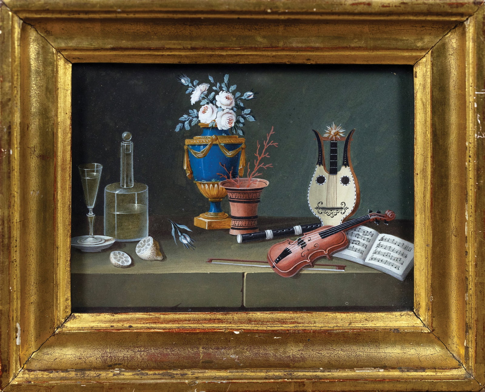 Feyerabend Dit LeLong Watercolor Still-Life - Blue Urn with Roses, A book, Cheese and Wine (1 of 1)
